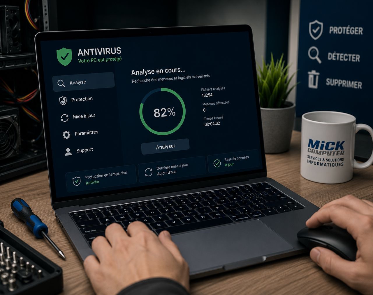 Analyse antivirus en cours sur un ordinateur portable lors d'une suppression de virus à domicile - Mick Computer